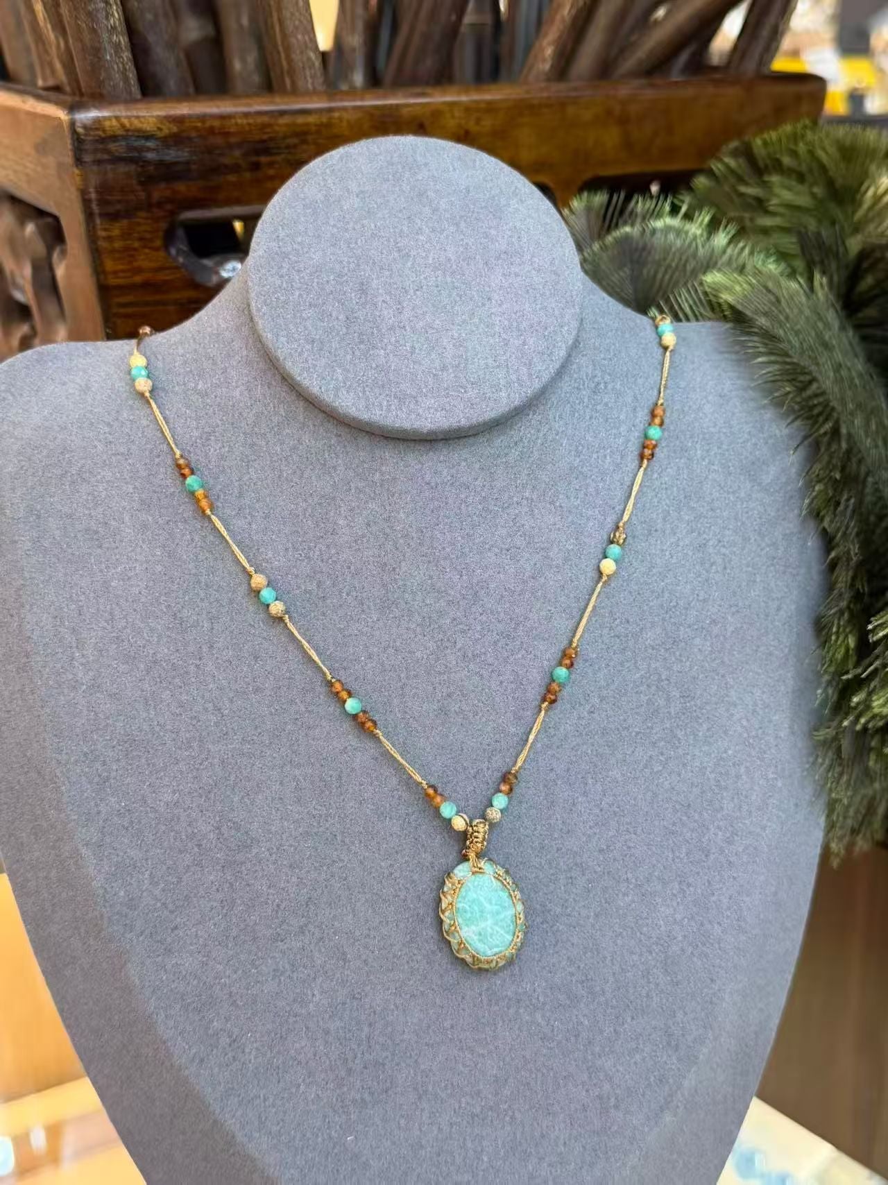 Handcrafted Amazonite Macramé Necklace – Boho Earthy Elegance
