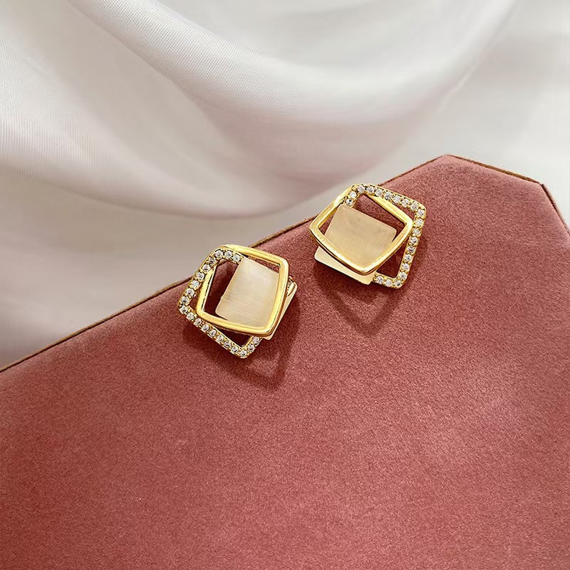 Modern Double Triangle Cat's Eye CZ Stud Earrings