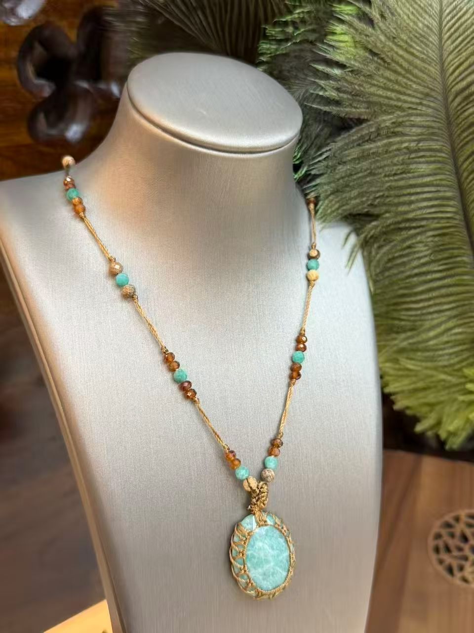 Handcrafted Amazonite Macramé Necklace – Boho Earthy Elegance