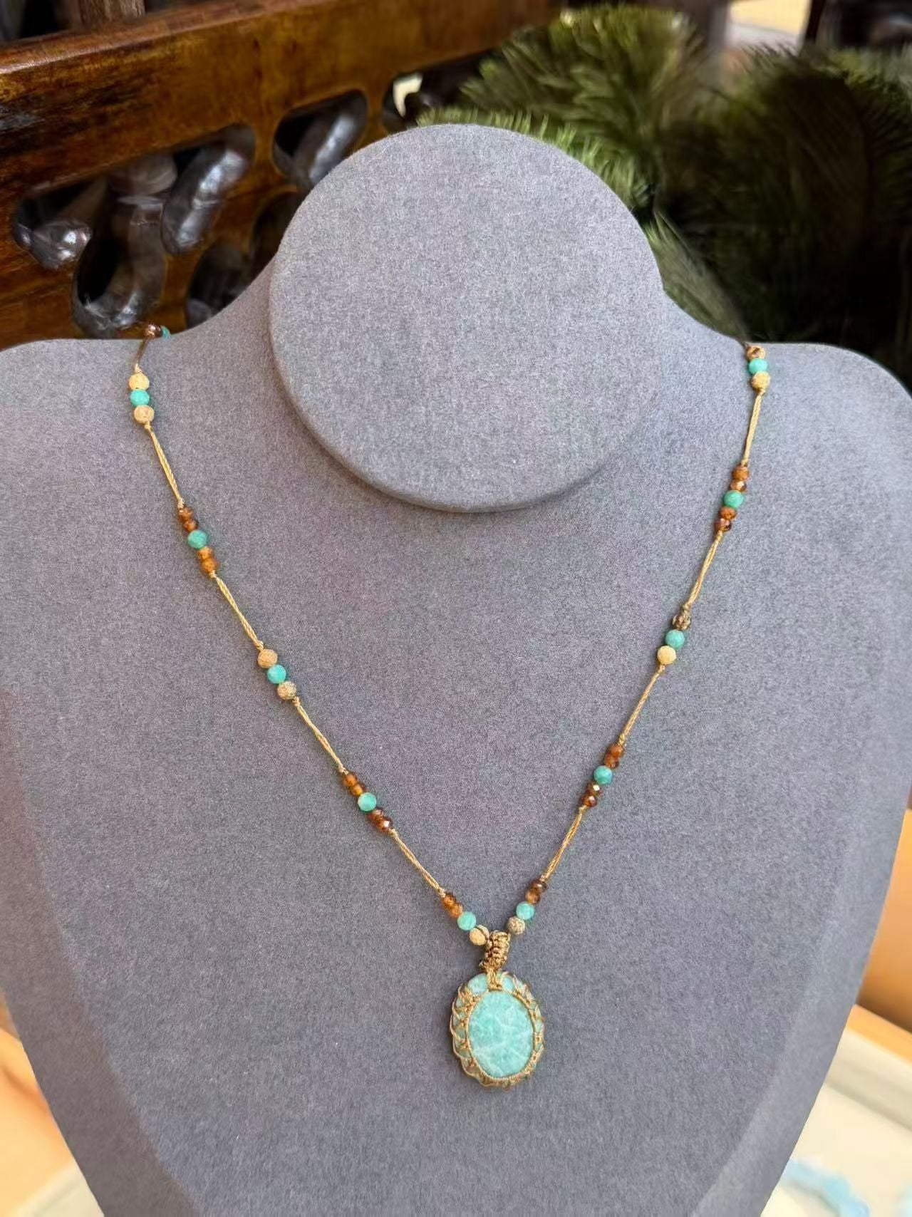 Handcrafted Amazonite Macramé Necklace – Boho Earthy Elegance